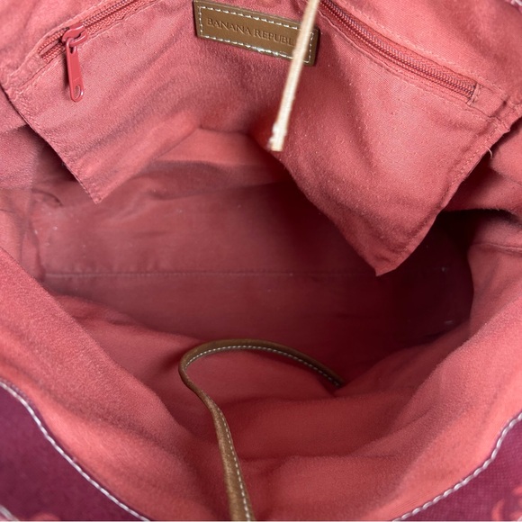 Banana Republic Tote Bag Maroon Canvas Leather Straps & Corners Retro Mandala - Picture 12 of 16
